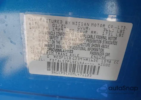 2021 Nissan Kicks Sv Xtronic Cvt z USA, uszkodzony, nr VIN 3N1CP5CV0ML471123